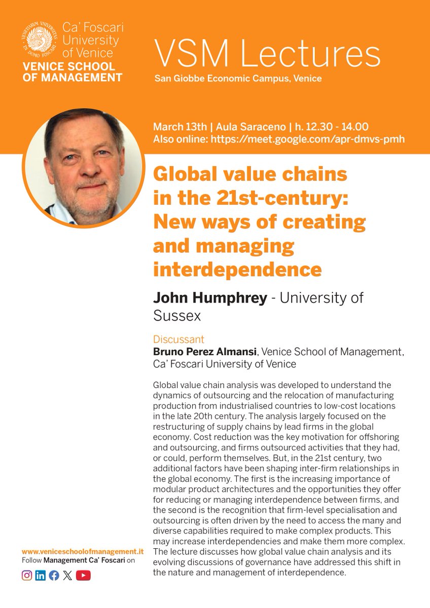 Venice School of Management (@managementunive) on Twitter photo VSM LECTURE | Explore how global trade has evolved from the 20th to the 21st century with Prof. John Humphrey (<a href="/SussexUni/">University of Sussex</a>).
A must-attend for management & economics enthusiasts!
🗓 13 Mar | 12:30
📍 San Giobbe + online
#VSMlectures #Globalization #Trade #BridgingIdeas VSM LECTURE | Explore how global trade has evolved from the 20th to the 21st century with Prof. John Humphrey (<a href="/SussexUni/">University of Sussex</a>).
A must-attend for management & economics enthusiasts!
🗓 13 Mar | 12:30
📍 San Giobbe + online
#VSMlectures #Globalization #Trade #BridgingIdeas