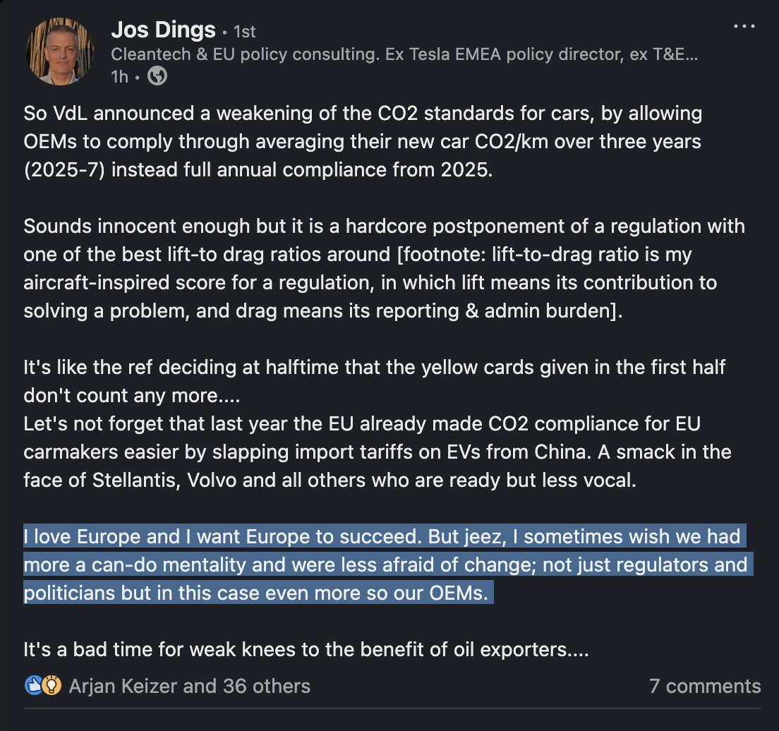 .<a href="/jos_dings/">Jos</a>:
"So <a href="/vonderleyen/">Ursula von der Leyen</a> announced a weakening of the CO2 standards for cars, by allowing OEMs to comply  through averaging their new car CO2/km over three years (2025-7) instead of full annual compliance from 2025.

Sounds innocent enough, but it is a hardcore postponement