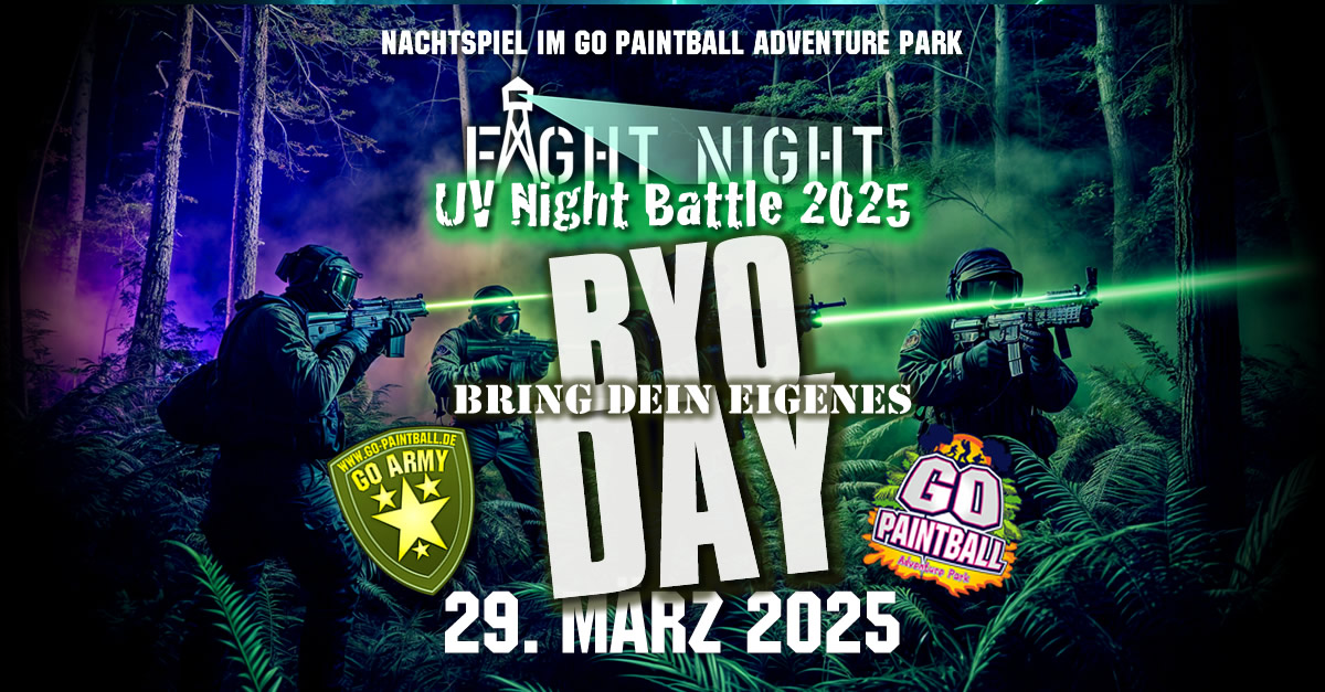 FIGHT NIGHT – JETZT AUCH ALS BYO DAY! Liebe Paintball-Fans, Action-Liebhaber und Nachtschwärmer!

Ihr habt gefragt – wir haben geliefert! Aufgrund der großen Nachfrage ist die FIGHT NIGHT – UV Night Battle 2025 dieses Jahr auch ein BYO DAY!
go-paintball.de/fight-night-je…