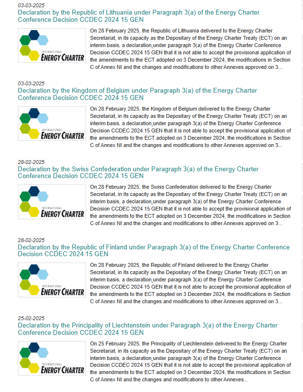 Liechtenstein, Switzerland, Finland, Belgium and Lithuania have notified the ECT Secretariat that they will not provisionally apply the modernised #EnergyCharterTreaty (#ECT)