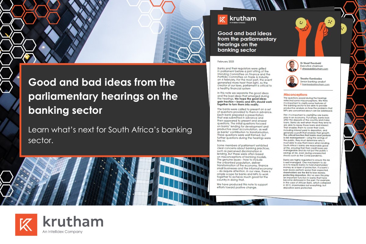 Krutham (@kruthamx) on Twitter photo Krutham’s recent report unpacks the good and bad ideas from Parliament’s recent banking hearings. Smart policies can drive financial inclusion, but some proposals could do more harm than good.
Read the report: krutham.com/insights/thoug…
Analysts: <a href="/rationalhill/">Stuart Theobald</a>, Tinashe Kambadza Krutham’s recent report unpacks the good and bad ideas from Parliament’s recent banking hearings. Smart policies can drive financial inclusion, but some proposals could do more harm than good.
Read the report: krutham.com/insights/thoug…
Analysts: <a href="/rationalhill/">Stuart Theobald</a>, Tinashe Kambadza