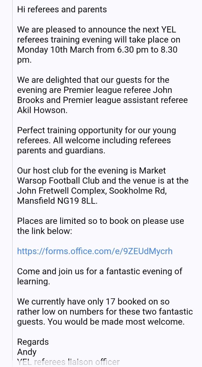 YEL REFEREES TRAINING

The YEL are hosting a referees’ training day, with Premier League Referee John Brooks and Premier League Assistant Referee Akil Howson.

This is a perfect training opportunity for all young referees on the YEL, and all are welcome including parents.