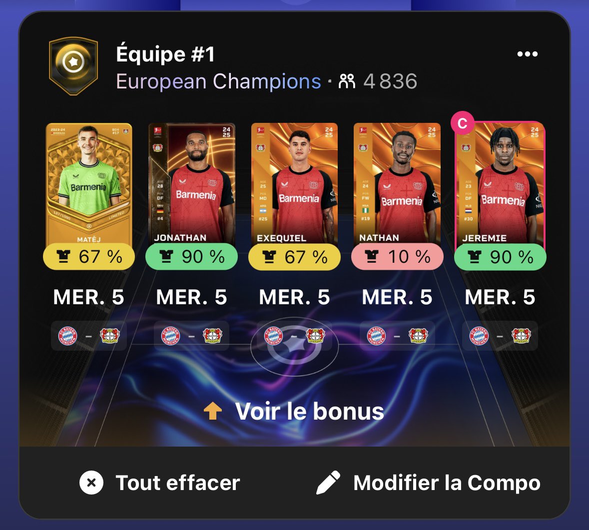 Avec la roulette Xabi Alonso en ce moment, dur de trouver des infos « fiables » sur le XI de demain ⚽️ 

Je vais sûrement partir la dessus mais si quelqu’un a plus d’infos, j’suis chaud 🤝

#FCBB04 #B04 #Sorare