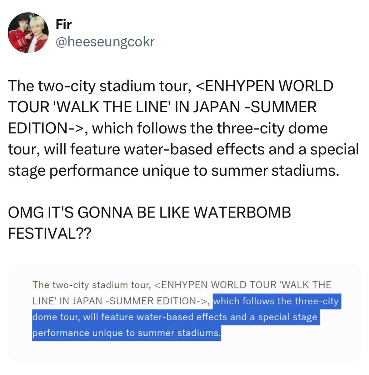 alwaysheevanlee's tweet photo. ngl the assurance of the members coming back to the Philippines then add the waterguns they used during encore..

this only screams one thing.. Philippines maghanda na tayo kasi mukhang kasama tayo sa Summer Edition https://t.co/9YrIJhS4Ti