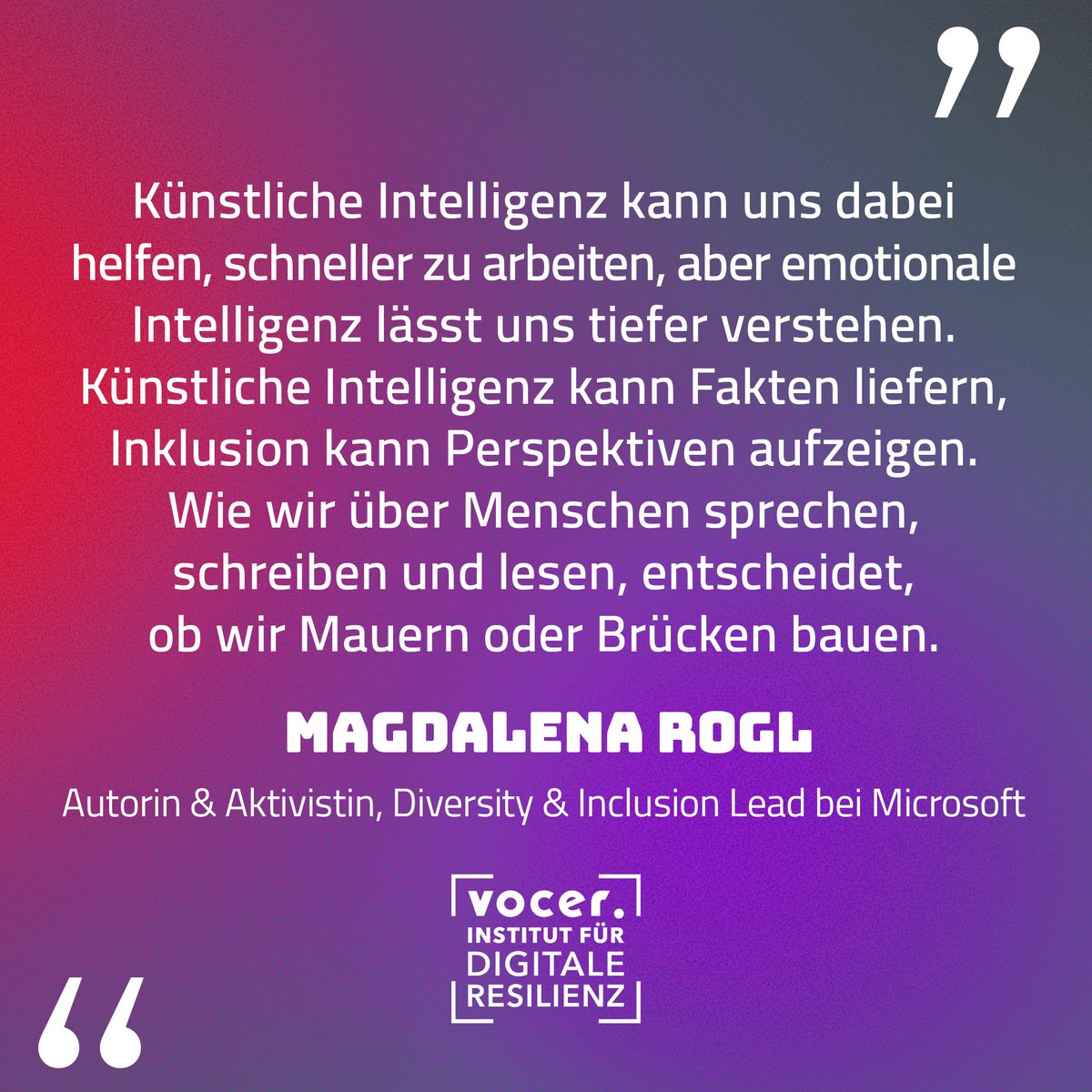 VOCER (@voiceofvocer) on Twitter photo „KI kann uns helfen, schneller zu arbeiten – aber emotionale Intelligenz lässt uns tiefer verstehen“, sagt <a href="/LenaRogl/">Magdalena Rogl</a> beim #VOCAMP #refoundingdemocracy2025.
Wie wir über Menschen sprechen, entscheidet: Bauen wir Mauern oder Brücken?
👉 digitale-resilienz.org
#Diversity #KI #AI „KI kann uns helfen, schneller zu arbeiten – aber emotionale Intelligenz lässt uns tiefer verstehen“, sagt <a href="/LenaRogl/">Magdalena Rogl</a> beim #VOCAMP #refoundingdemocracy2025.
Wie wir über Menschen sprechen, entscheidet: Bauen wir Mauern oder Brücken?
👉 digitale-resilienz.org
#Diversity #KI #AI