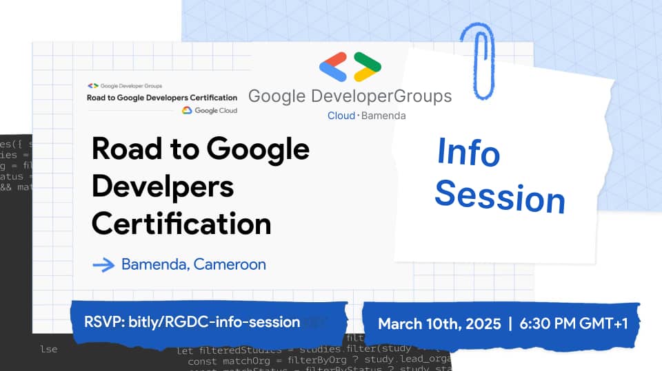 Our first workshop of the year🥳🥳

Gain a Cloud certification by joining "Road to Google Developers Certification". 

📌 To get started, join us on the 10th of March 2025, 6:30pm for virtual our info session 

Grab a ticket  bit.ly/RGDC-info-sess…

#GoogleCloud #GDGBamemda