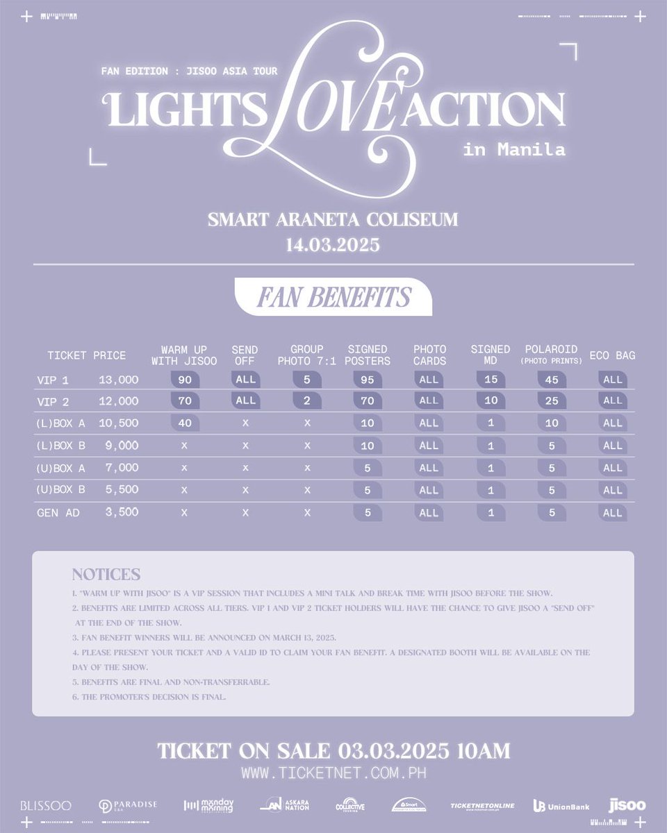 ICYMI: General Sale for  2025 JISOO ASIA TOUR: "LIGHTS, LOVE, ACTION!" in Manila is open!

Get your tickets via TicketNet outlets and ticketnet.com.ph/event-detail/J… 

#JISOO #JISOOAtTheBigDome #SmartAranetaColiseum #JISOOinMANILA #LIGHTSLOVEACTIONinMNL #지수