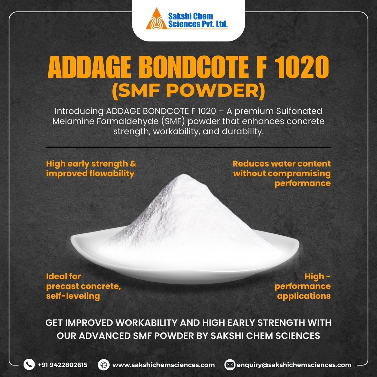 SakshiChemSci's tweet image. Boost your concrete’s strength &amp;amp; workability! ADDAGE BONDCOTE F 1020 SMF Powder delivers superior performance. 🏗️💪
#HighPerformanceConcrete #SmartConstruction #SMFPowder
