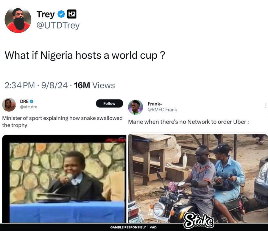 GoonerEG's tweet photo. “What if Nigeria hosts the World Cup?" 

 A Funny Thread😂😂. https://t.co/5VHzbrWcHo