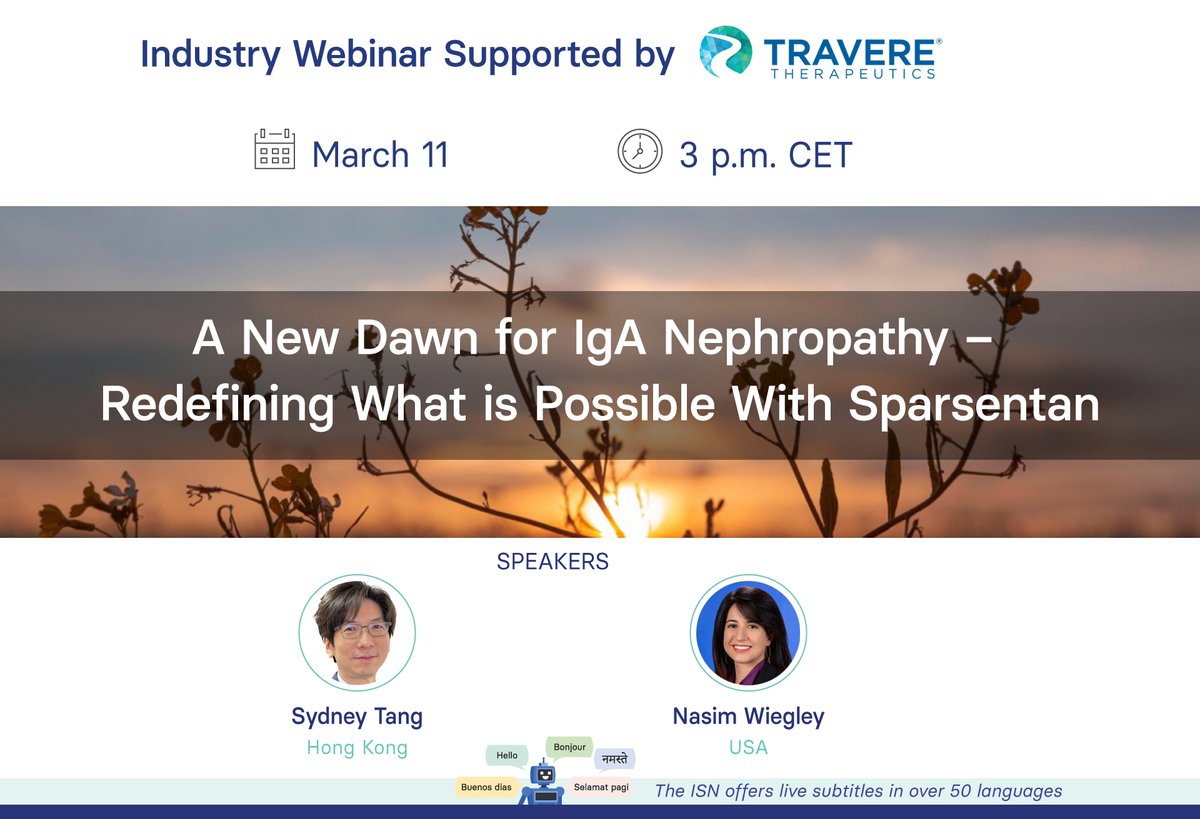 Int Society of Nephrology (@isnkidneycare) on Twitter photo 𝗦𝗔𝗩𝗘 𝗧𝗛𝗘 𝗗𝗔𝗧𝗘 for the Industry Webinar: "A New Dawn for IgA Nephropathy – Redefining What is Possible With Sparsentan."
🗣️ <a href="/NWiegley/">Nasim Wiegley, MD, FASN</a> <a href="/sydney_tang/">Sydney Tang</a>
🗓️ March 11
🕒 3 pm CET
🔗 Free registration: lite.spr.ly/60071o6f 𝗦𝗔𝗩𝗘 𝗧𝗛𝗘 𝗗𝗔𝗧𝗘 for the Industry Webinar: "A New Dawn for IgA Nephropathy – Redefining What is Possible With Sparsentan."
🗣️ <a href="/NWiegley/">Nasim Wiegley, MD, FASN</a> <a href="/sydney_tang/">Sydney Tang</a>
🗓️ March 11
🕒 3 pm CET
🔗 Free registration: lite.spr.ly/60071o6f