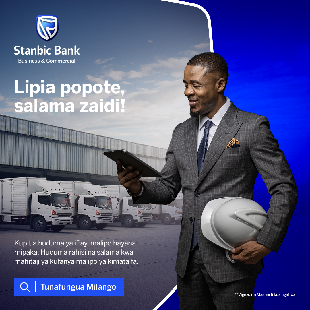Usalama wa shughuli zako za kifedha ni kipaumbele kwetu! 
Kupitia huduma ya iPay, malipo yako ya kimataifa ni rahisi na salama. 

Kuna benki za kibiashara halafu kuna kuwezeshwa mafanikio kibiashara ukiwa na Stanbic Bank. Wasiliana nasi bure 0800 751021.