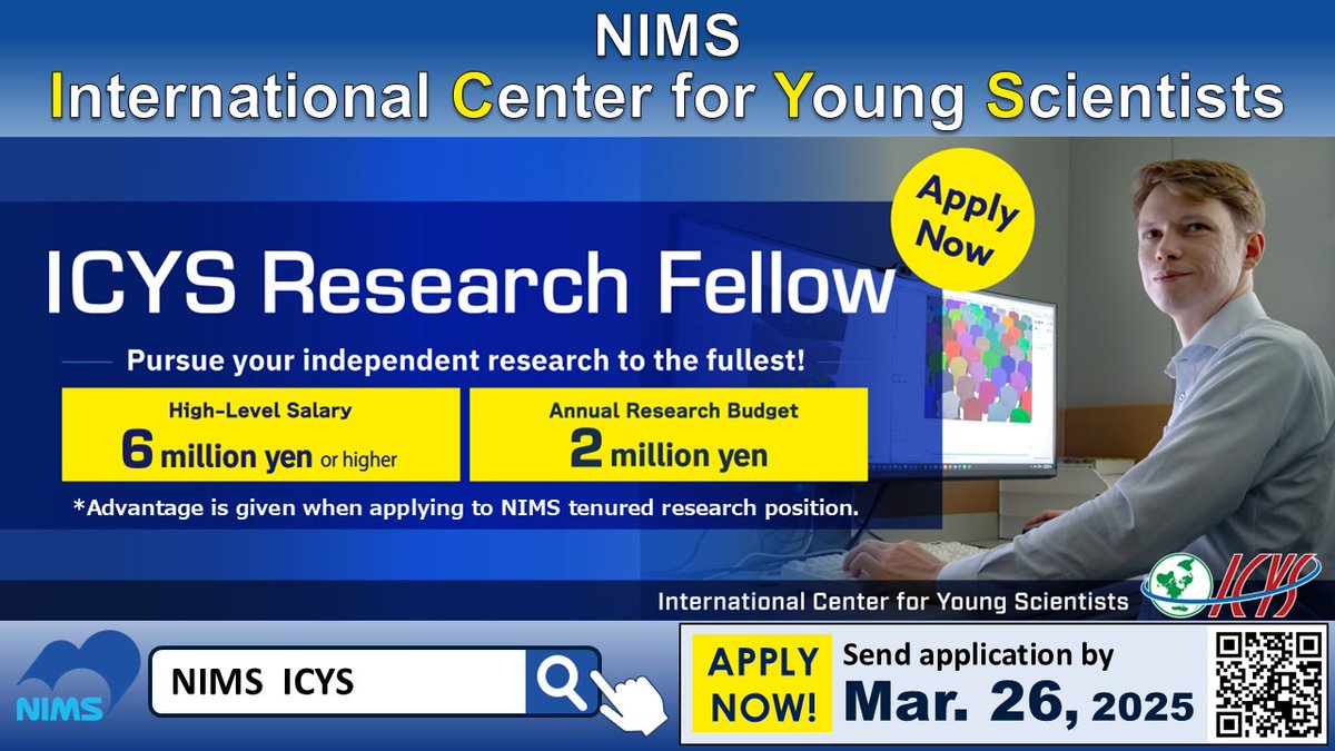 Call for Proposals - ICYS Research Fellow Salary over 6.04 million yen and  annual research budget of 2 million yen! Location: Tsukuba, Japan  Application Deadline: March 26, 2025 Apply now! https://t.co/60ewbNiqKx