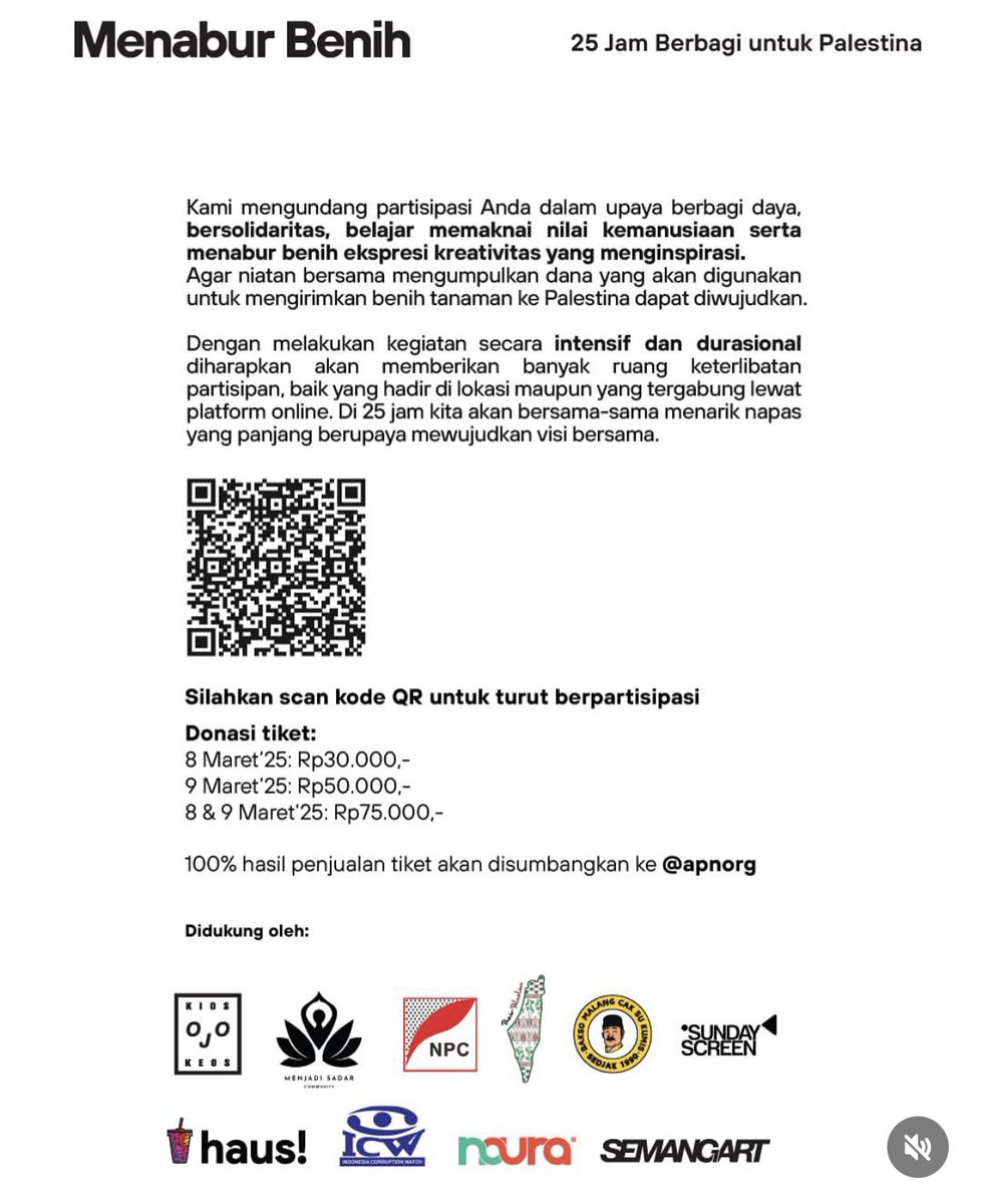 MENABUR BENIH
25 Jam Berbagi Untuk Palestina

🗓️ 8-9 Maret 2025 (25 Jam non stop)
⏰ 18:00 (8 Maret) - 19:00 (9 Maret)
📍 Rumah Belajar ICW
       Jl Kalibata Timur IVG No.4 Jaksel

Donasi Tiket Masuk:
8 Maret’25: Rp30.000,-
9 Maret’25: Rp50.000,-
8 &amp; 9 Maret’25: Rp75.000,-
