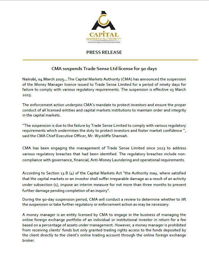 UPDATE: Suspension of Trade Sense Ltd Money Manager License for a period of 90 days.