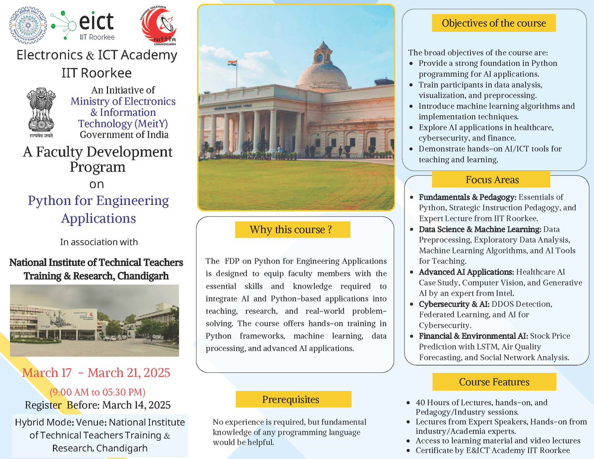 NITTTR_CHD's tweet image. Join us for 1 week FDP course, on "Python for Engineering Applications," organized in association with EICT Academy, IIT Roorkee from March 17–21, 2025.
Course Coordinators:
Dr. Maitreyee Dutta
Dr. Amit Doegar
Register here: forms.gle/A1xpn3euXgQJdE…
#nitttrchd #PythonForEngineers