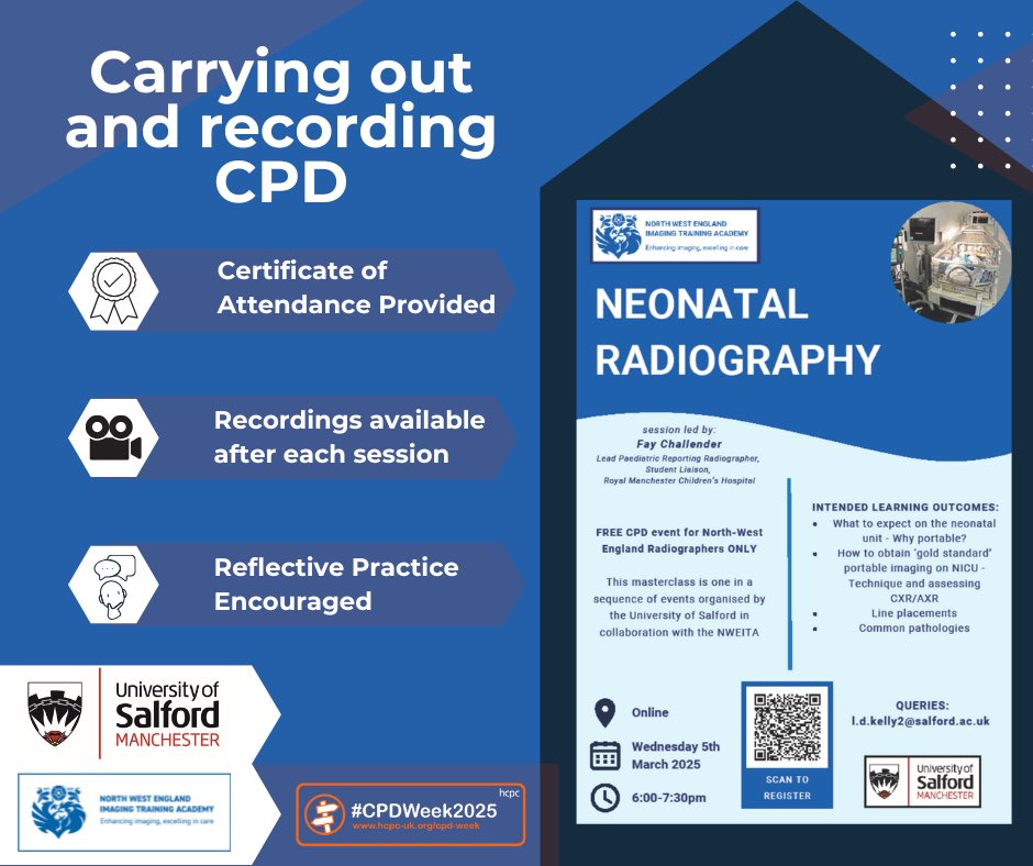 Day 2 - CPD week - At the University of Salford, we offer a range of CPD opportunities. We enable registrants to record CPD participation by providing certificates of attendance and encourage post session reflective practices. #cpdweek2025 #hcpc #radiography
