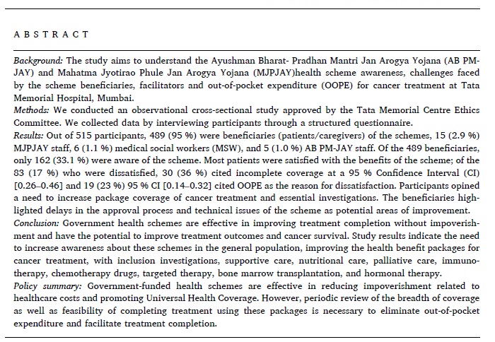 Our article “Implementation challenges of government funded health schemes for cancer treatment <a href="/TataMemorial/">Tata Memorial Hospital</a>  is published in the @jcan_policy It provides key challenges faced by the beneficiaries for cancer treatment in using #MJPJAY and #PMJAY health schemes