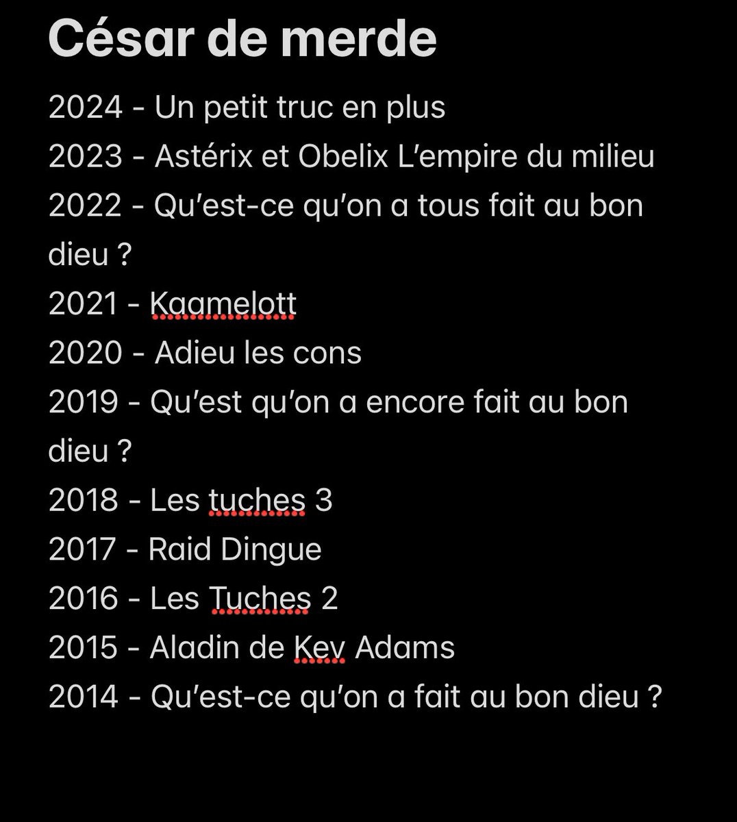 J’en ai eu marre de voir l’argument à la con comme quoi le succès public devrait rapporter des Césars. Donc voici pour vous les films qui aurait eu le César du meilleur film si on faisait à partir du box office. 

(Spoiler ça fait pas rêver)