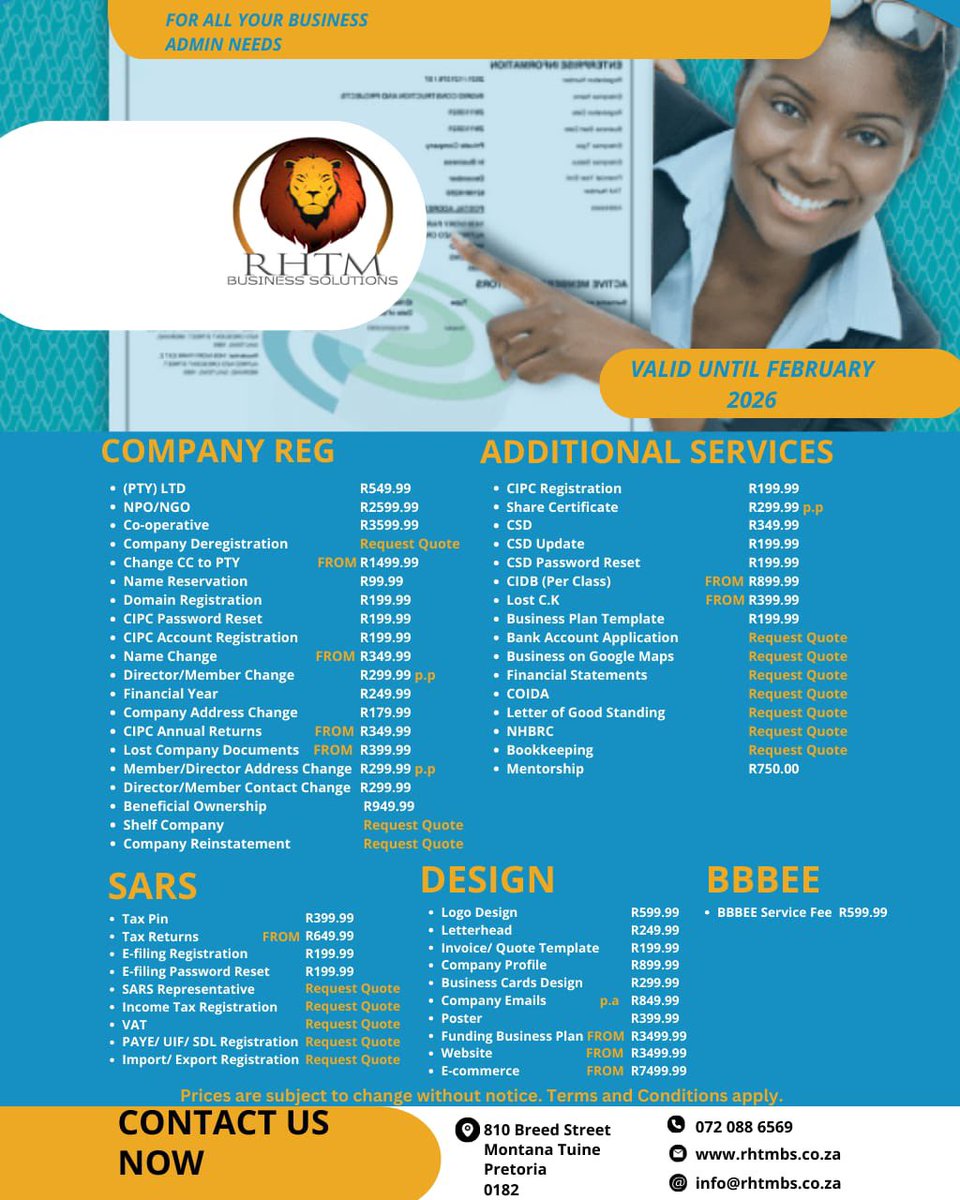 Rhtmbs's tweet image. Your number stop for all things business, call or text us today for assistance with any of the listed services and more.
📞: 0720886569 or 0659596238(available on WhatsApp)
📧: info@rhtmbs.co.za
🌍: rhtmbs.co.za
📍: 810 Breed Street, Montana Tuine, Pretoria, 0182