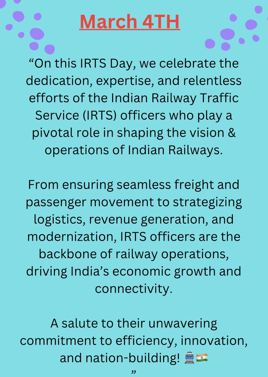 Happy IRTS Day🚆🇮🇳 <a href="/IRTSassociation/">IRTS Association</a> <a href="/Sanjay_IRTS/">J.Sanjay Kumar,IRTS</a> <a href="/RailMinIndia/">Ministry of Railways</a> #IRTS #IRTSDay #IndianRailways #NationBuilding #KeepingIndiaOnTrack