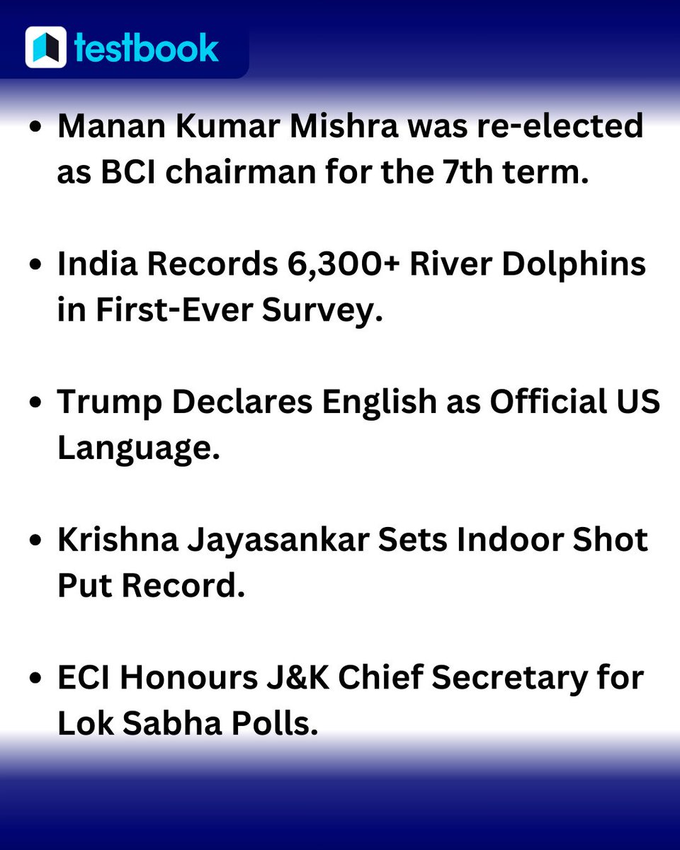 Testbook_CA's tweet photo. Today's Top 5 Morning Headlines Important for Govt. exam aspirants........... 

#knowledge #newsupdate #Currentaffairs #Knowlege&amp;facts #India #MananKumar #2025 #US  #Dolphin 
[Govt. exams, 2025, Knowledge&amp;facts, Testbook, Currentaffairs] https://t.co/zdhOaYWXiu