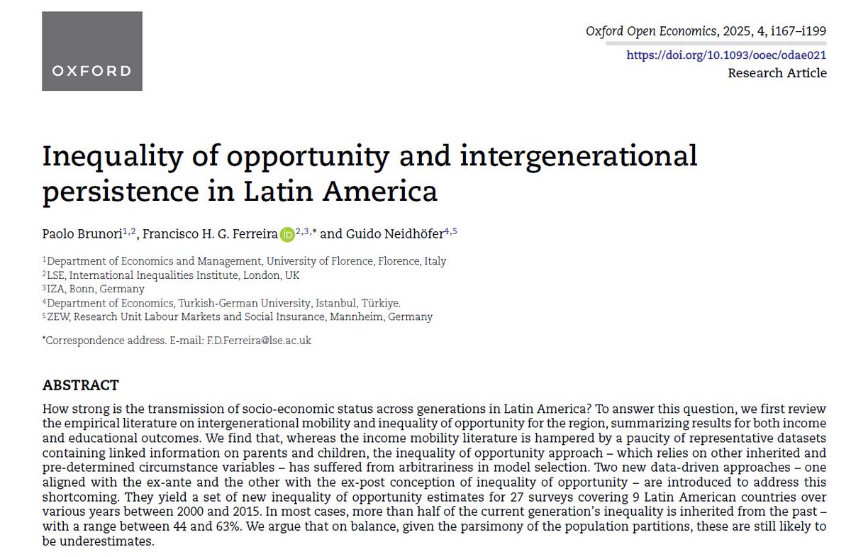 Guido Neidhöfer (@gneidhofer) on Twitter photo 📢New publication: Inequality of opportunity and intergenerational persistence in Latin America (Paolo Brunori, Francisco Ferreira, <a href="/GNeidhofer/">Guido Neidhöfer</a>) - recently published in open access as part of the #LACIR-Supplement in Oxford Open Economics.
academic.oup.com/ooec/article/4… 📢New publication: Inequality of opportunity and intergenerational persistence in Latin America (Paolo Brunori, Francisco Ferreira, <a href="/GNeidhofer/">Guido Neidhöfer</a>) - recently published in open access as part of the #LACIR-Supplement in Oxford Open Economics.
academic.oup.com/ooec/article/4…