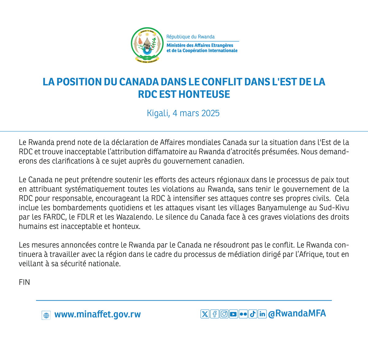 michombero's tweet photo. Guerre dans l'est de la #RDC 🇨🇩: après les sanctions canadiennes contre le #Rwanda 🇷🇼, Kigali promet de demander des clarifications à Ottawa. 

" Le Rwanda prend note de la déclaration de Affaires mondiales Canada sur la situation dans l'Est de la RDC et trouve inacceptable l’attribution diffamatoire au Rwanda d’atrocités présumées. Nous demanderons des clarifications à ce sujet auprès du gouvernement canadien", note le document.