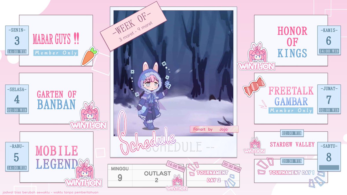Winnieandreena's tweet photo. ⌜ Winnie Weekly Schedule ⌟
3 s/d 10  maret 2024

Asset by @nitachan03 [IG]
Art by Jojo

----------------------------------

⌜HASTAG⌟

#WinnieAndreena ⌜General⌟
#ReShow ⌜Live⌟
#Winners ⌜Fanname⌟
#FiguReena ⌜Fanarts⌟
#JoKelinci ⌜Memes⌟
#ClipAn ⌜Clips⌟ https://t.co/xDfzhBWTbz