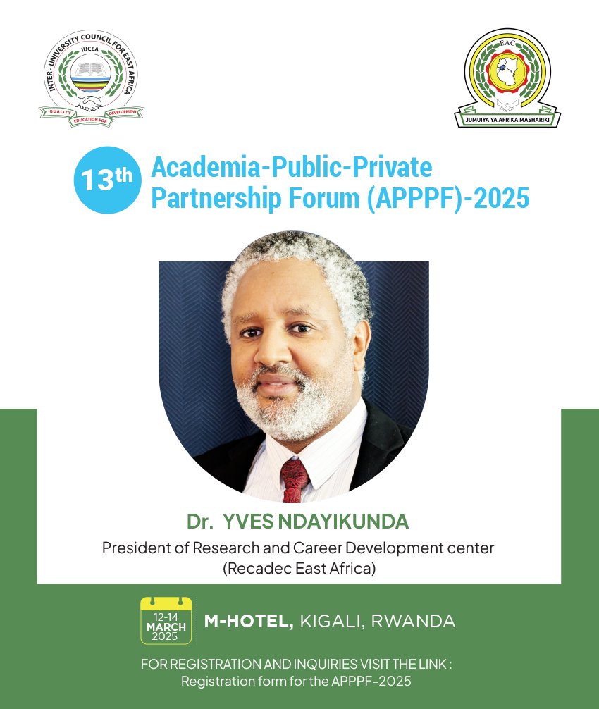 Dr. <a href="/NdayikundaYves/">Dr Yves NDAYIKUNDA (PhD)</a>, a distinguished scholar in the realm of academia and international development, will be a key panelist at the upcoming APPPF in Kigali, from March 12 to 14, 2025. As the President of the (Recadec East Africa), Dr. Ndayikunda brings a wealth of knowledge.