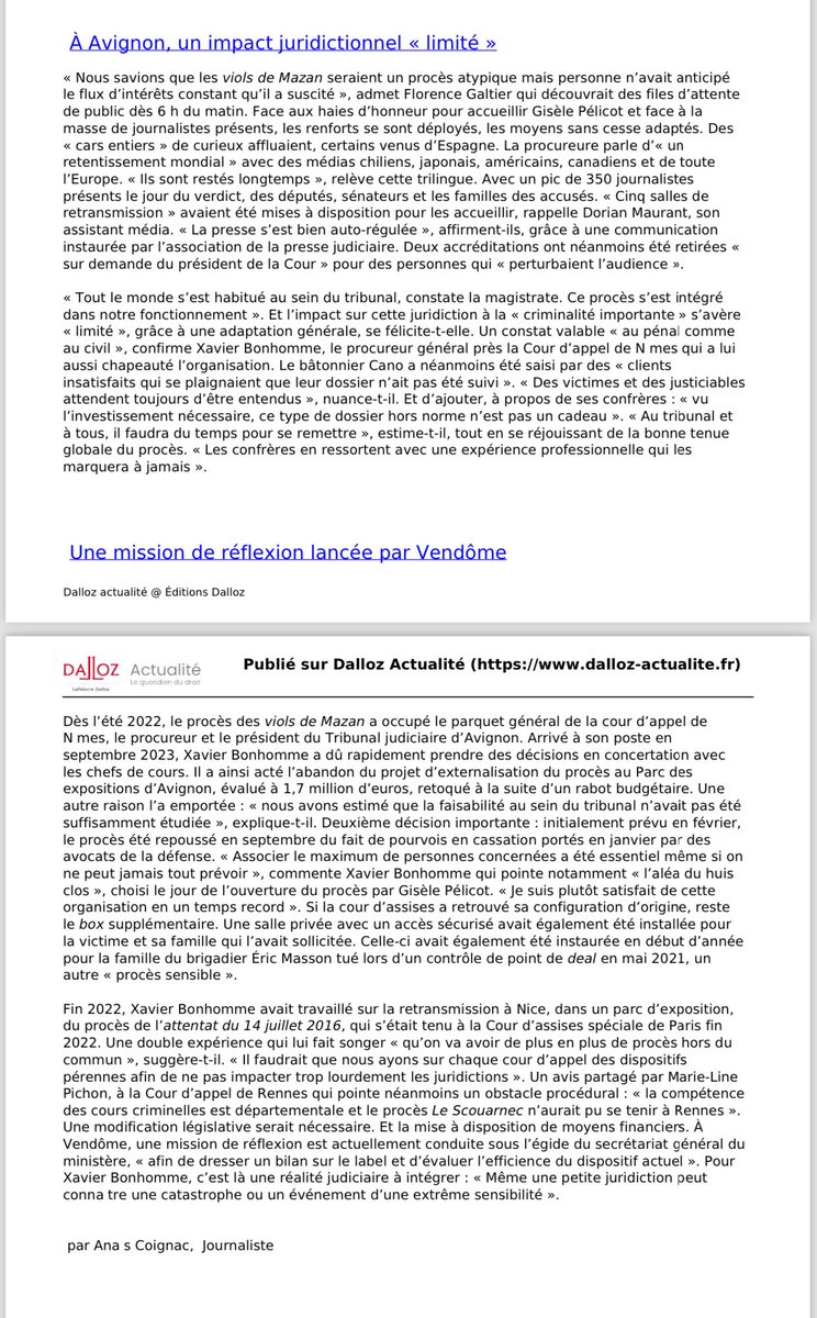 Procureure Avignon (@procureuravign1) on Twitter photo Procès sensible des «viols de Mazan »À #Avignon , c’est la force du collectif qui nous a permis d’absorber le retentissement mondial de ce procès hors norme.
Merci à tous ! 🤩🙏
<a href="/justice_gouv/">Ministère de la Justice</a>
<a href="/PG_CA_Nimes/">⚖️ Procureur général près la cour d'appel de Nîmes</a>
<a href="/Interieur_Gouv/">Ministère de l'Intérieur</a> Procès sensible des «viols de Mazan »À #Avignon , c’est la force du collectif qui nous a permis d’absorber le retentissement mondial de ce procès hors norme.
Merci à tous ! 🤩🙏
<a href="/justice_gouv/">Ministère de la Justice</a>
<a href="/PG_CA_Nimes/">⚖️ Procureur général près la cour d'appel de Nîmes</a>
<a href="/Interieur_Gouv/">Ministère de l'Intérieur</a>