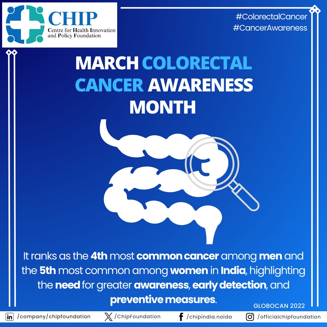 Early Detection Saves Lives! 🩺

Colorectal cancer ranks 4th in men &amp; 5th in women in India. 

The good news? It’s preventable &amp; treatable with early detection! Prioritize screenings, a healthy diet &amp; active living. 💙

 #ColorectalCancerAwarenessMonth #GetScreened