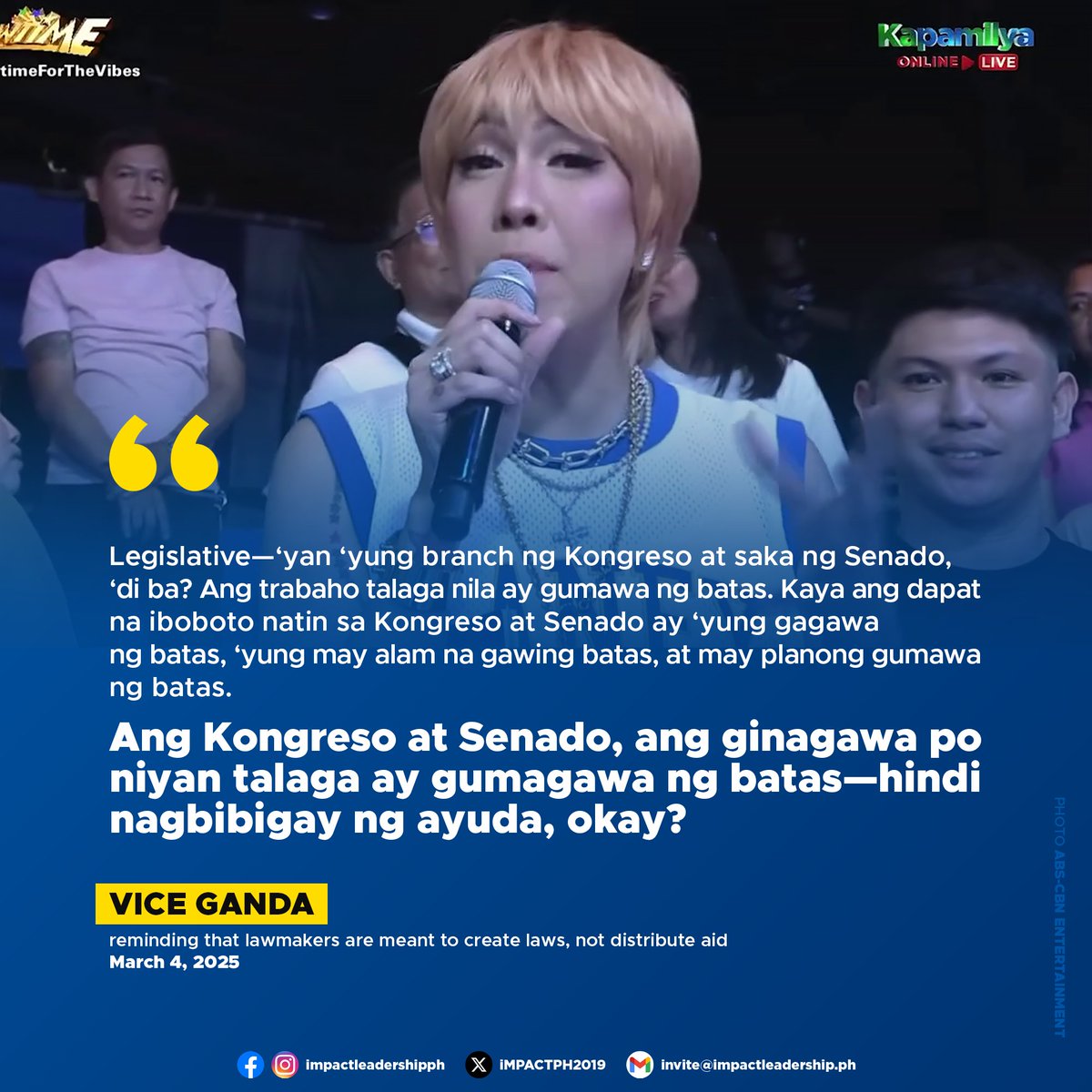 VICE GANDA ON LAWMAKERS' ROLE: 'GAGAWA SILA NG BATAS, HINDI MAMIMIGAY SILA NG PERA'

"It's Showtime" host Vice Ganda emphasized the primary role of legislators in the "QUIZ BEE" segment of the noontime show on Tuesday, March 4, reminding viewers that lawmakers are meant to create