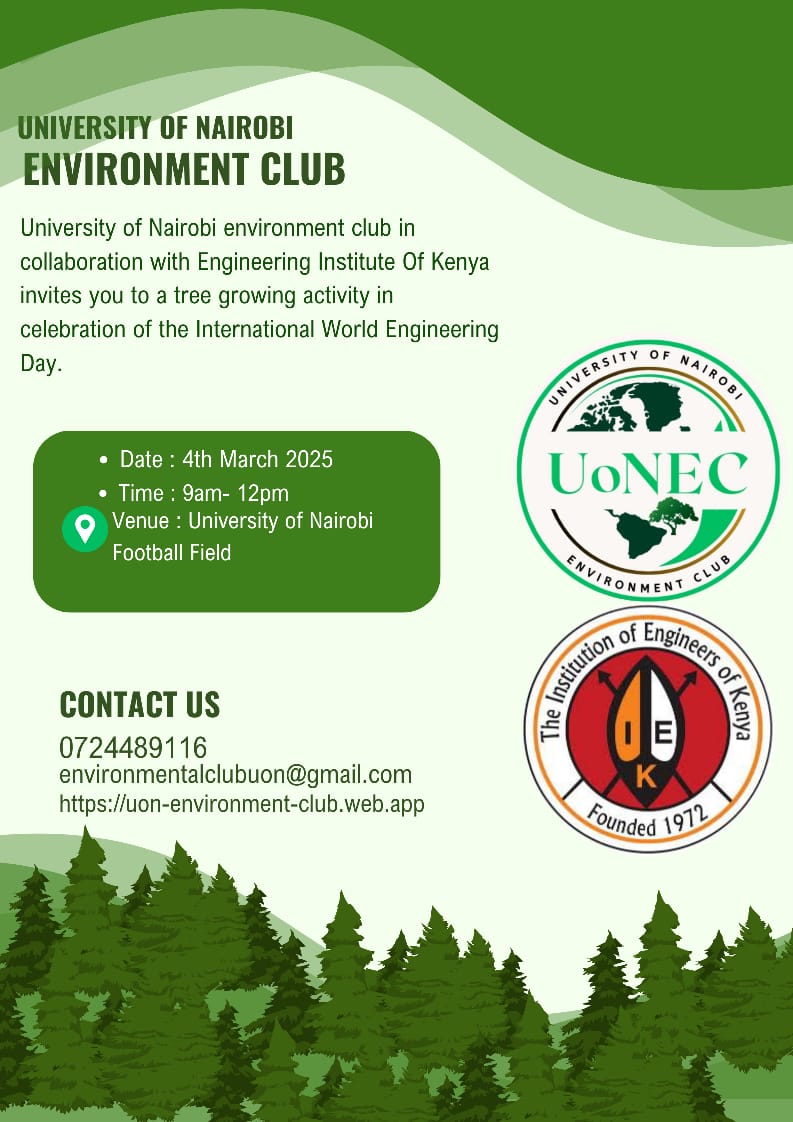 We will have a joint tree planting thereafter with the University of Nairobi Environmental Club <a href="/_UoNEC/">UoN Environment Club</a>

Time: 2:30pm📌
Join us.

#WorldEngineeringDay2025 #SustainableEngineering