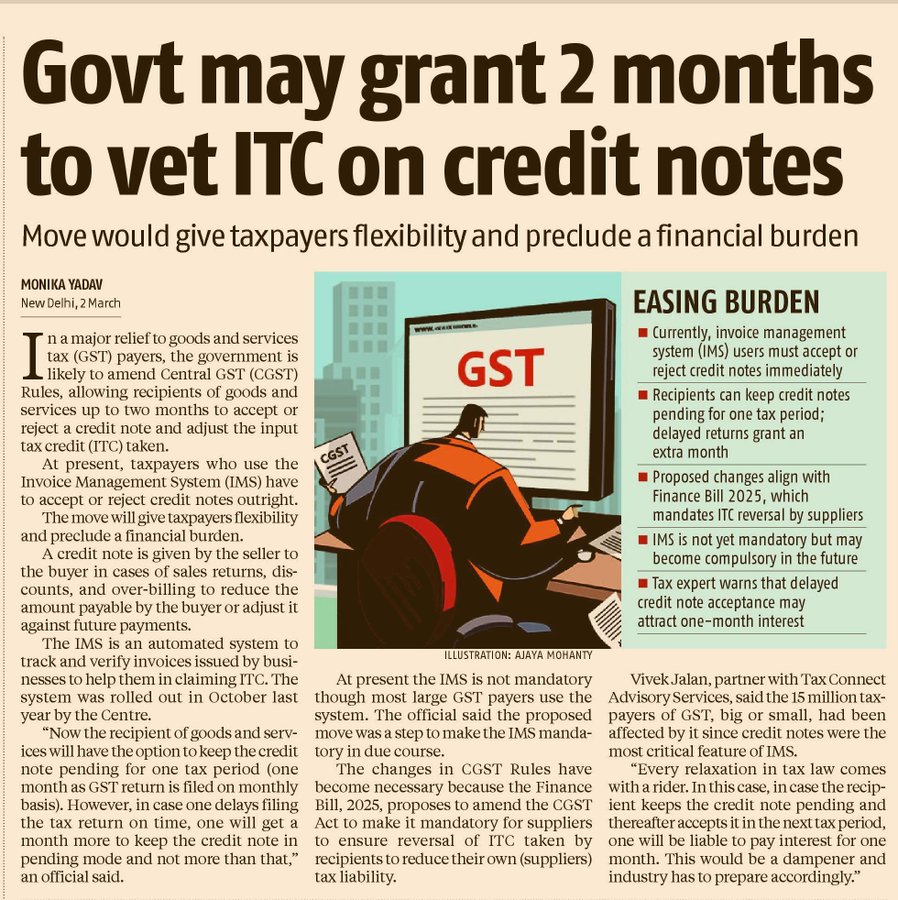 cajenilshah's tweet photo. Govt may grant 2 months to vet #ITC on credit notes.
#gst #gstitc #inputtaxcredit https://t.co/c4atWPI6hp