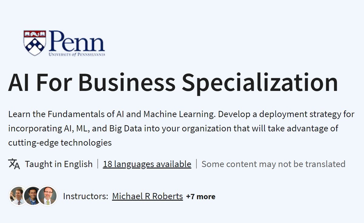 DigitalPanwar's tweet photo. #5. University of Pennsylvania: AI for Business

In this course, you will go in-depth to discover how Machine Learning is used to handle and interpret Big Data. You will get a detailed look at the various ways and methods to create algorithms.

Click here: https://t.co/rsz1ofmwhX https://t.co/U3SOqIwDUq