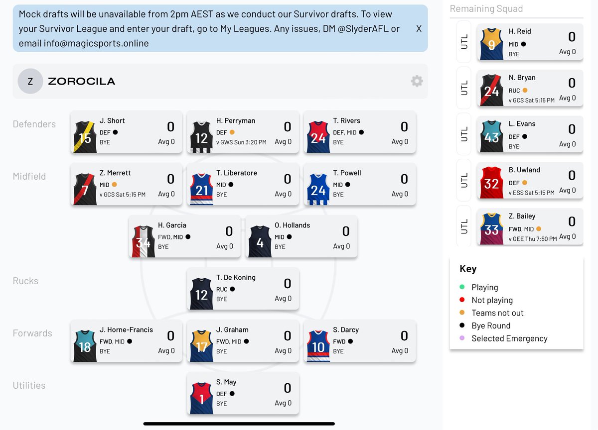 First ever draft using <a href="/SlyderAFL/">Slyder 🦊 - AFL Fantasy Draft</a>. Thoughts and feedback? How did it go? 

Need that feedback before I go into  <a href="/DTShiva_/">DT Shiva</a> draft on Sunday.