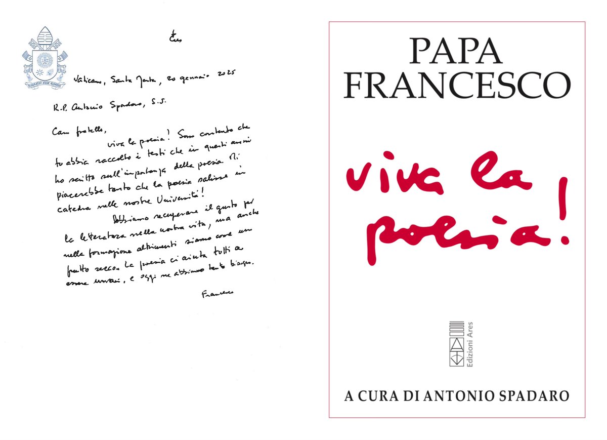 Viva la poesia! Tutto il magistero di #PapaFrancesco (lettere, prefazioni, testi ufficiali…) sulla letteratura. Da oggi nelle librerie. Con un messaggio autografo del 20 gennaio. <a href="/EdizioniAres/">Edizioni Ares</a> 📖 amzn.eu/d/e3CX6K4

Caro fratello,
viva la poesia!… 
Dobbiamo recuperare il