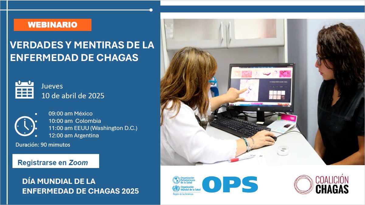 Con motivo del🌎#DíaMundialChagas 2025, <a href="/opsoms/">OPS/OMS</a> y Coalición Chagas te invitamos a un #webinar sobre “Verdades y Mentiras de la Enfermedad de #Chagas”, para 🤔clarificar los aspectos más controvertidos de esta enfermedad

🗓️ 10 abril
📡 Online
ℹ️ coalicionchagas.org/event/verdades…

#BeatNTDs