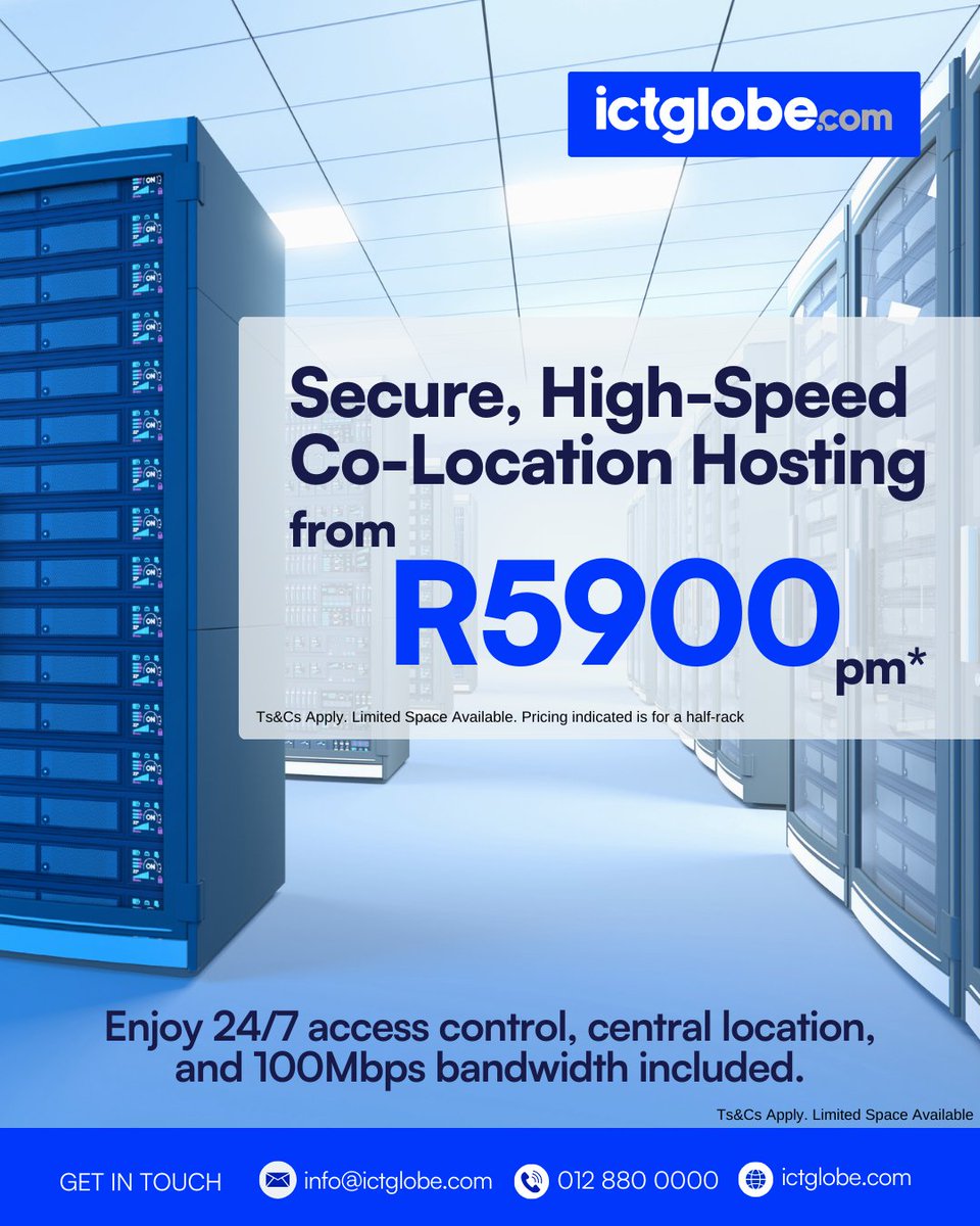ictglobecom's tweet image. Secure, High-Speed Co-Location Hosting from R5900 p/m!

Your business deserves a secure, high-performance hosting solution.

#CoLocationHosting #Tier3DataCentre #ICTGlobe #BusinessContinuity #HighSpeedHosting