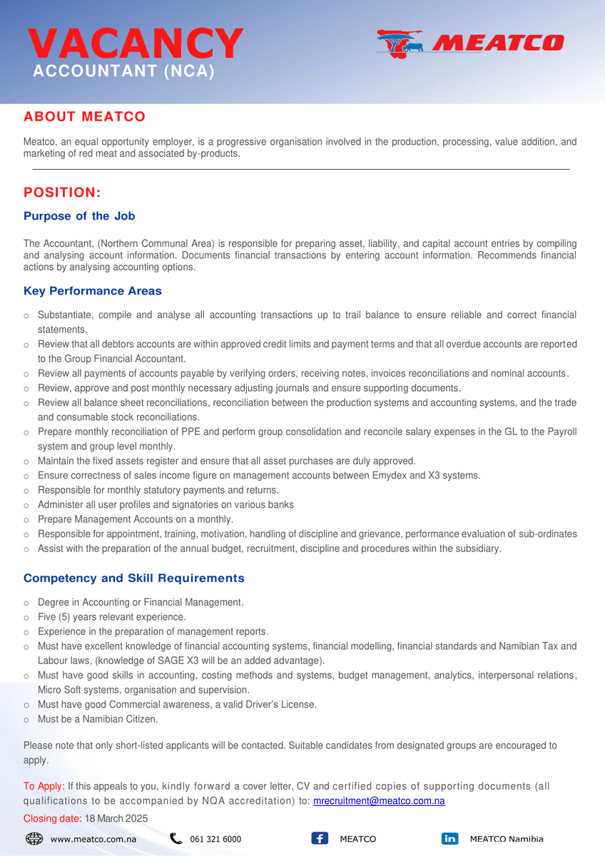 We Are Hiring!
#Meatco4Nam #Accountantancy #MeatcoNCA
