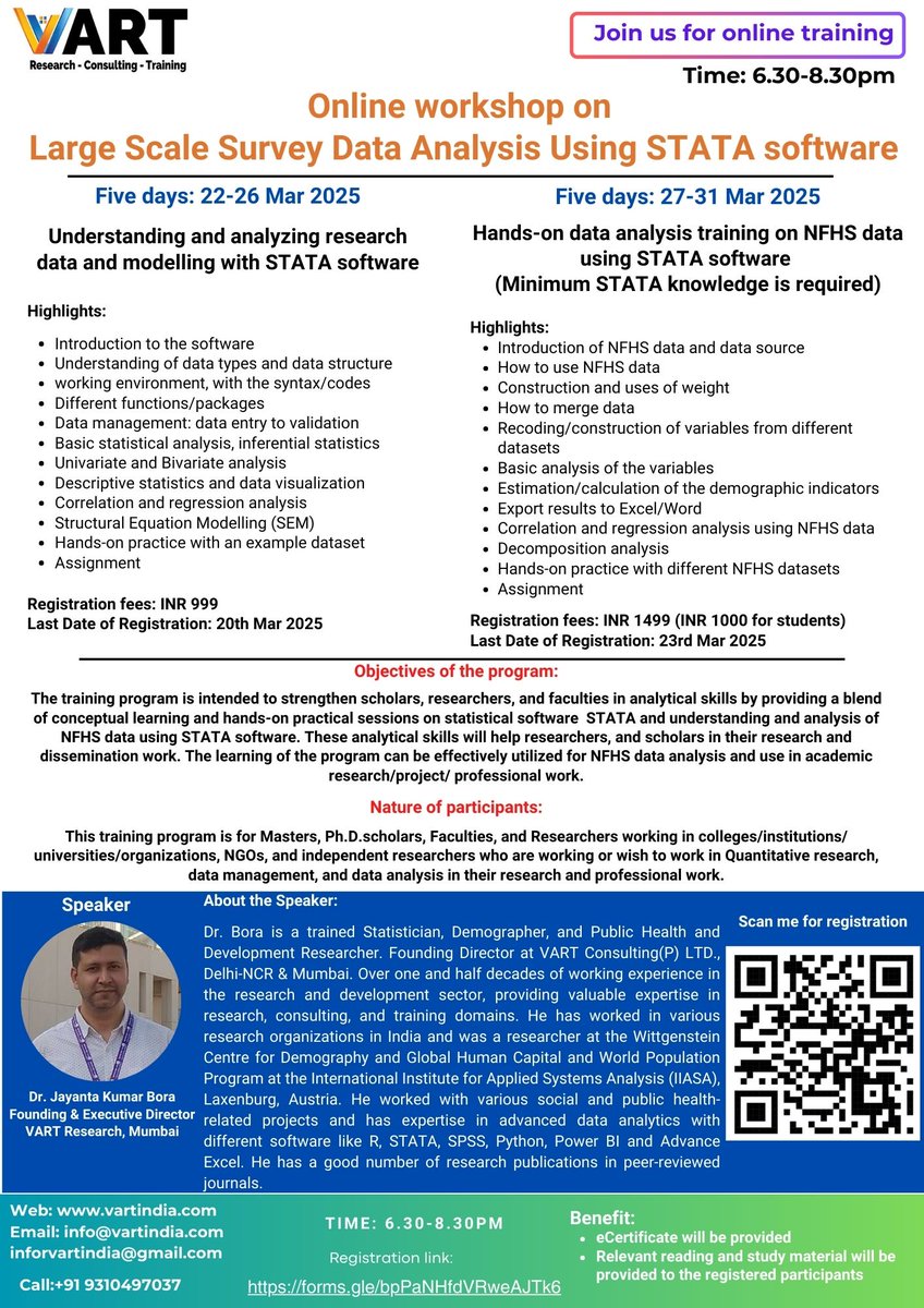 VART Research is  delighted to announce an Online Capacity-Building Training Program on:  "Large-Scale Survey Data Analysis Using STATA Software"

🕒 Time: 6:30 PM – 8:30 PM
📌 Registration Link: lnkd.in/d3yH_YuF