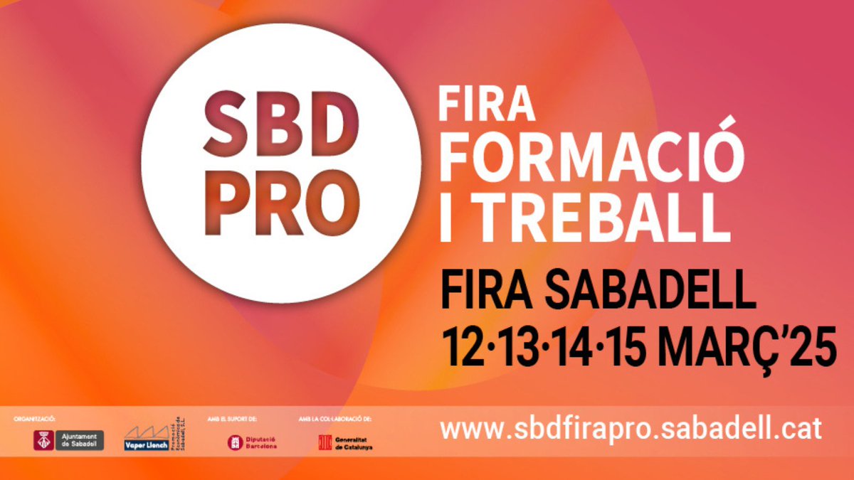 #SBDFiraPRO, la fira de la #Formació i el #Treball, torna del 12 al 15 de març!

Vine a conèixer tota l'oferta formativa professional de #Sabadell i entorn. També podràs contactar amb empreses i participar en processos de selecció.

T'hi esperem!

+INFO a sbdfirapro.sabadell.cat
