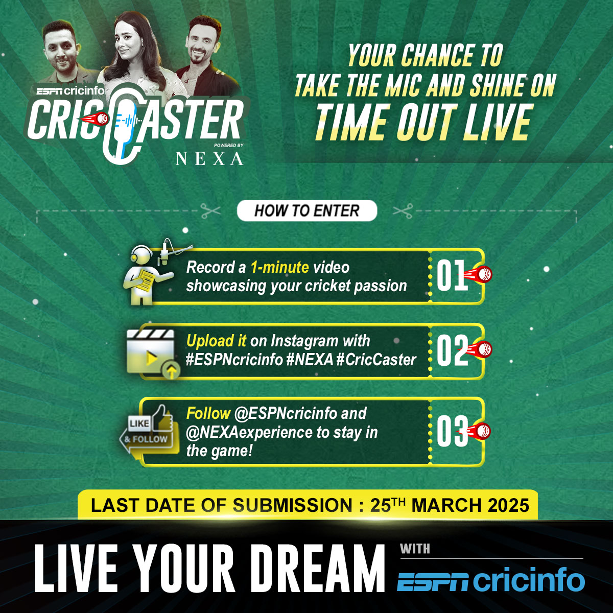 Your chance to be a #CricCaster🎙️ 

Send in your entries soon!