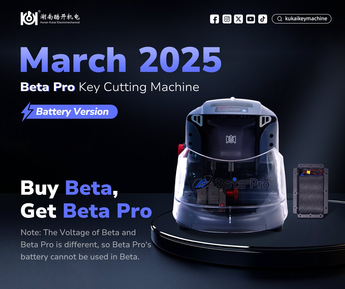 kukaikeymachine's tweet image. 【📷 𝐋𝐢𝐦𝐢𝐭𝐞𝐝-𝐓𝐢𝐦𝐞 𝐃𝐞𝐚𝐥! 𝐊𝐔𝐊𝐀𝐈 𝐁𝐞𝐭𝐚 𝐏𝐫𝐨 𝐊𝐞𝐲 𝐂𝐮𝐭𝐭𝐢𝐧𝐠 𝐌𝐚𝐜𝐡𝐢𝐧𝐞】
We are launching an exclusive “𝗕𝘂𝘆 𝗕𝗲𝘁𝗮, 𝗚𝗲𝘁 𝗕𝗲𝘁𝗮 𝗣𝗿𝗼 ” promotion this March!
Pre-order now and join the revolution! 
#kukaikeymachine #locksmith #keymachine