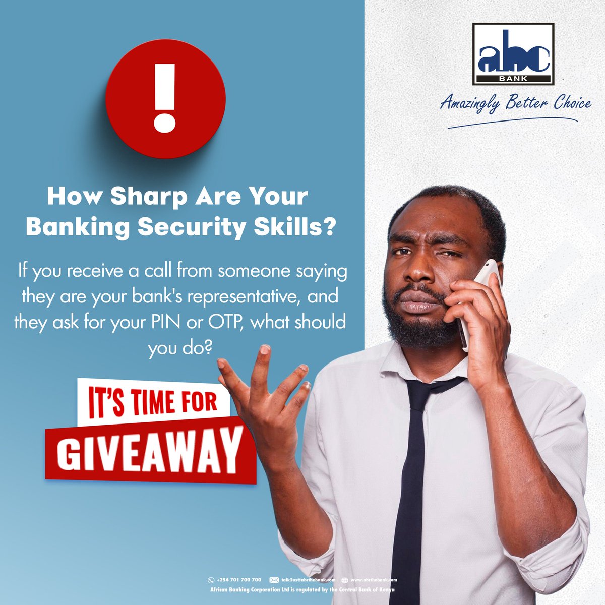 ABCBankGroup's tweet image. 🕵🏽‍♂️ How sharp are your banking security skills?

❓ If you received a call from someone saying they are your bank&apos;s representative, and they asked for your PIN or OTP, what would you do?

A) Give it to them ASAP, they said its urgent! 
B) Tell them you’ll call back, then call the…