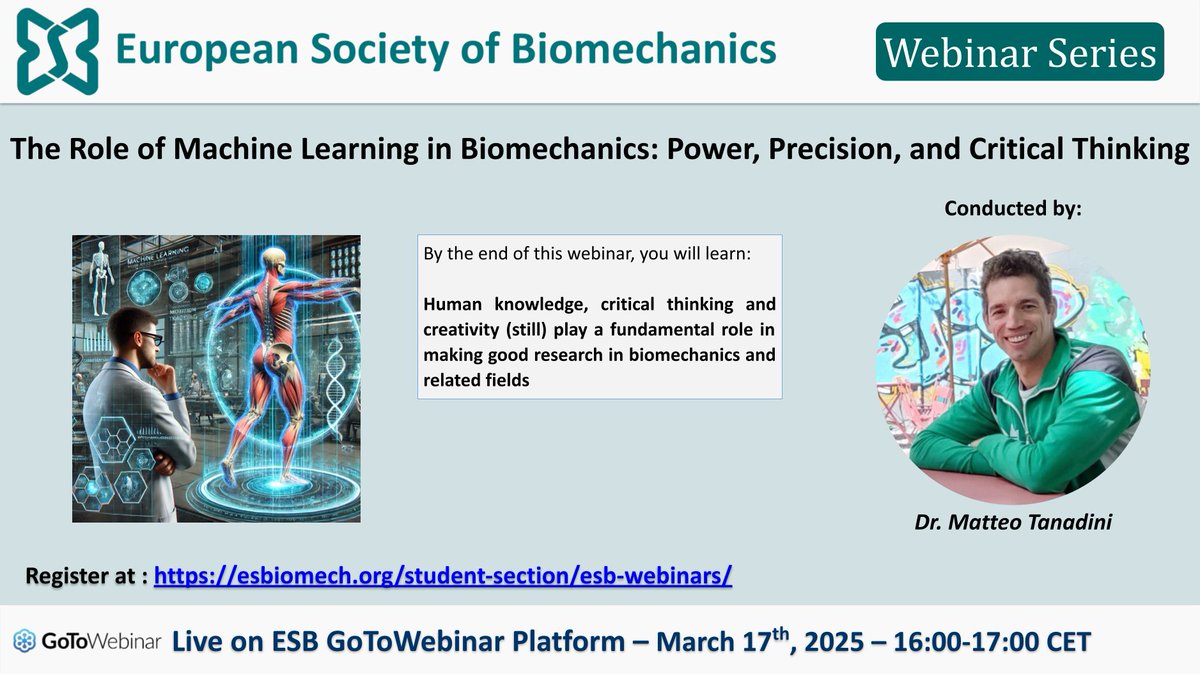 📢 Don't miss next ESBiomech webinar by Matteo Tanadini! 
 🗓️ 17 March 2025 at 4 pm 
 👉🏻esbiomech.org/student-sectio…