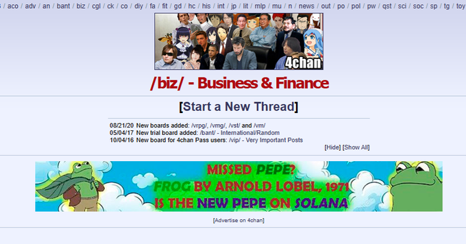FrogOffl's tweet photo. $FROG $TOAD ads are running on the 4chan platform now. We'll run Dexscreener ads soon.  We're going to be experimenting with ad campaigns.

#Solana #TOAD #FrogArmy #memecoin #Bitcoin #ElonMusk #100xGems #memecoin1000x https://t.co/4BXwzgQbdY