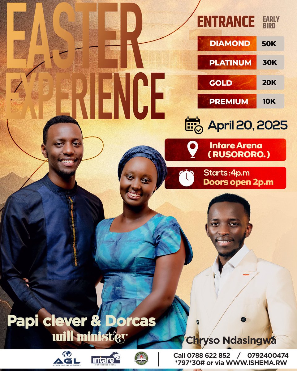 Amakuru meza! 🎉 Papi clever &amp; Dorcas bazadutaramira muri Easter Experience !Uzirikane itariki, kuko ni igihe cyihariye cyo guhimbaza no guhura n’Imana. Ntuzacikwe! Ndagutumiye ❤️🙏
🎟️ Gura itike yawe uyu munsi !
🌍 ISHEMA.RW | 📱 *797*30#
#INTARE_ARENA