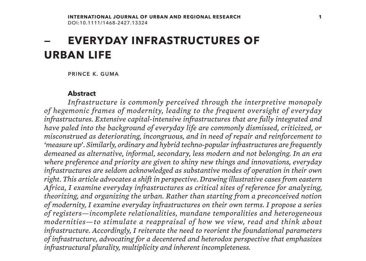 Paper on ‘everyday infrastructures of urban life’ is now published at <a href="/IJURResearch/">IJURR.org</a>. 

onlinelibrary.wiley.com/doi/abs/10.111…