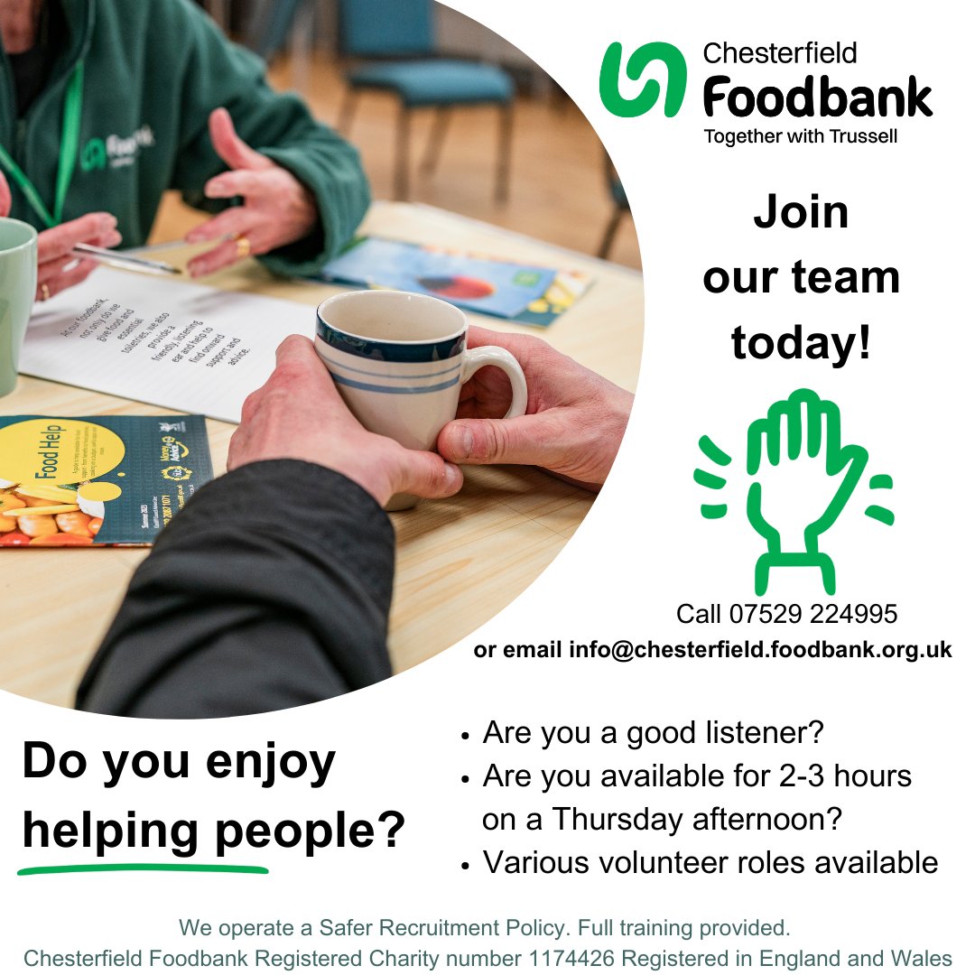Your local foodbank needs you! Volunteer vacancies at our new centre at Whittington Moor (Thurs pm). Please use this link to register your interest online : chesterfield.foodbank.org.uk/give-help/volu… or call/email for more information: 07529 224995 / info@chesterfield.foodbank.org.uk💚💙💚Pls share